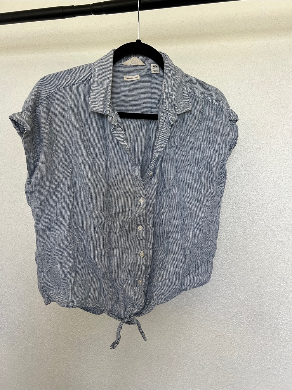 Weatherproof Blue-White Striped Tie-Hem Button Down Top